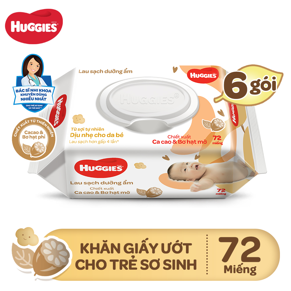 Combo 6 gói Khăn giấy ướt cho trẻ sơ sinh HUGGIES (Gói 72 tờ) - Chiết xuất Cao cao & Bơ hạt mỡ