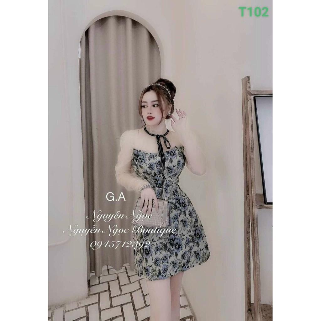 Đầm nữ phối lưới kết nơ in họa tiết sang trọng tôn dáng