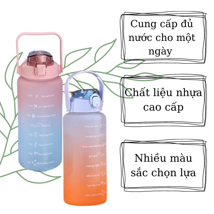 Bình Nước Nhựa 2 Lít Có Chia Vạch Có Ống Hút Nắp Đậy Dễ Thương, Bình Nước Thể Thao