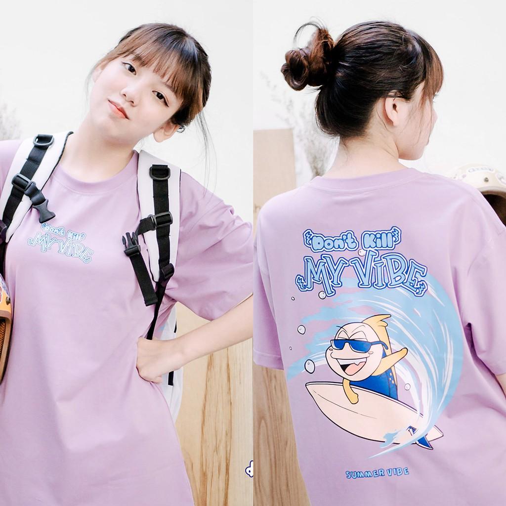 Áo thun nữ cotton màu tím form rộng in hình | DKMV Violet Surfing Tee