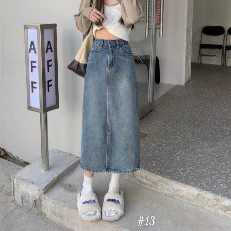 Chân váy jeans trơn basic EMIX, váy midi dáng dài, xẻ trước, cạp cao, có túi