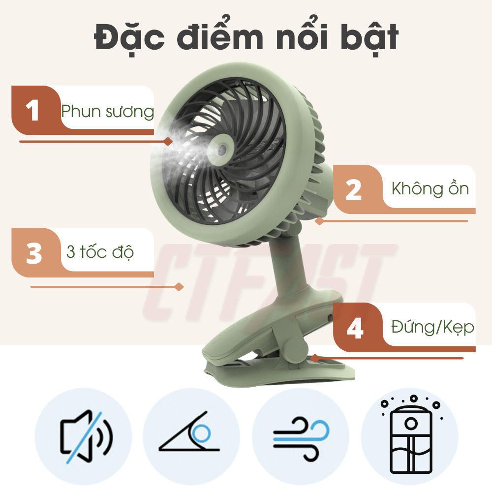 Quạt mini để bàn CTFAST W14 : Quạt tích điện cầm tay dạng kẹp tùy chỉnh 3 tốc độ gió, thiết kế 2 trong 1 kết hợp  làm mát, không gây ồn, túp năng quay điều chỉnh hướng gió 360 độ - Hàng chính hãng