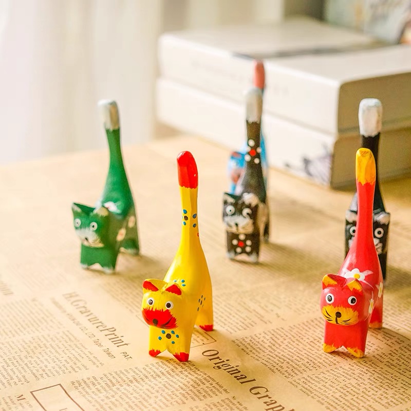 Bộ 6 chú mèo gỗ sắc màu trang trí