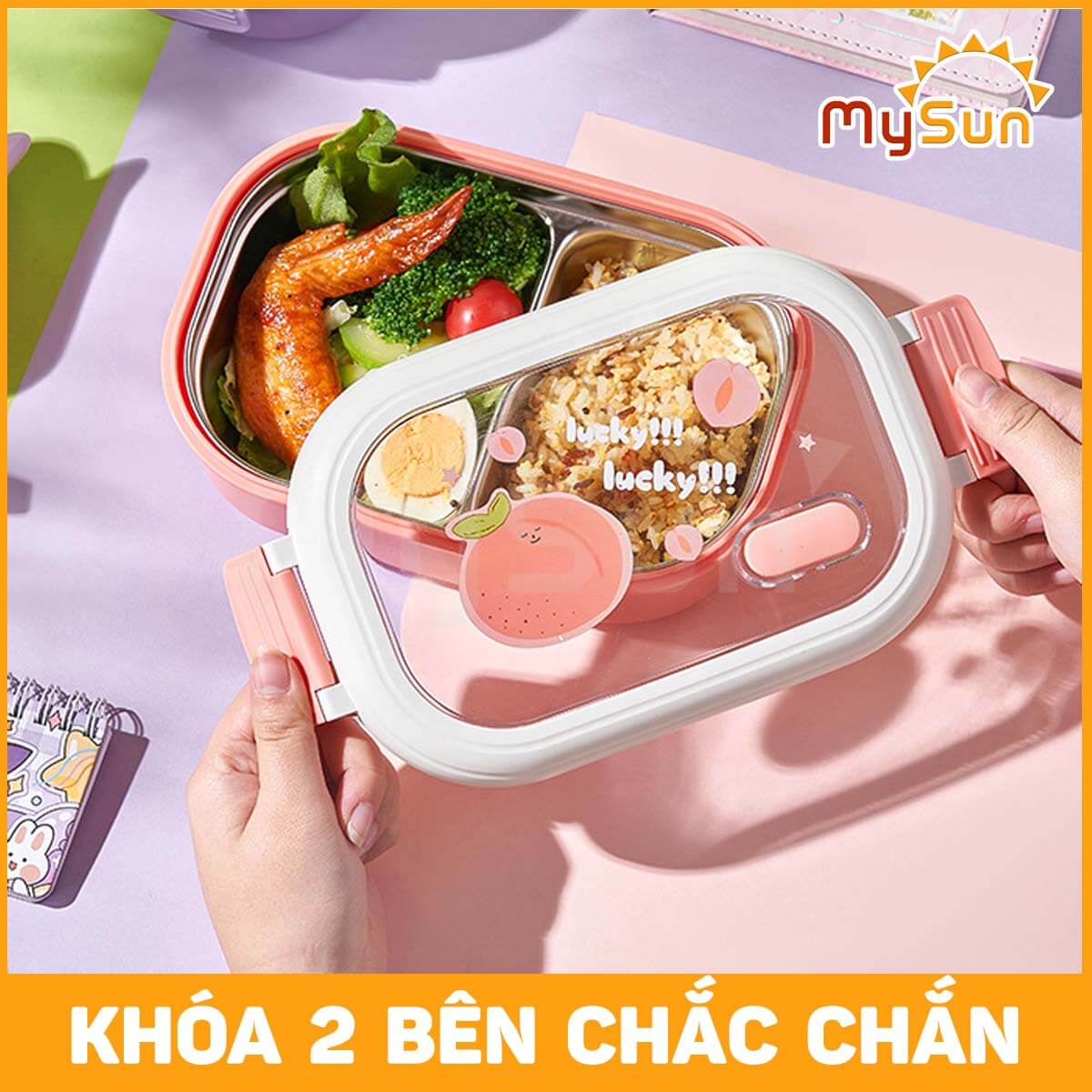 Hộp đựng cơm chia 2 NGĂN giữ nhiệt mini cute bằng nhựa - inox cho bé đi học, cho mẹ đi làm văn phòng MySun