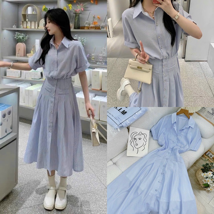 ĐẦM DÀI MIDI SUÔNG CỔ SƠ MI XANH BABY BLUE PASTEL SỌC TAY NGẮN XẾP LY XÒE MAXI DẠO PHỐ ĐI TIỆC ĐI BIỂN ĐI CHƠI CÔNG SỞ