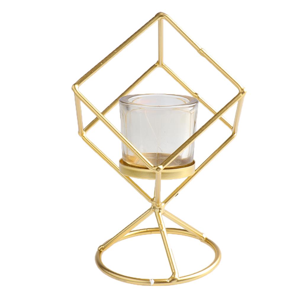 Metallic Hollow Candelabra Cube Candle Holder with Glass Cup Decor, Golden