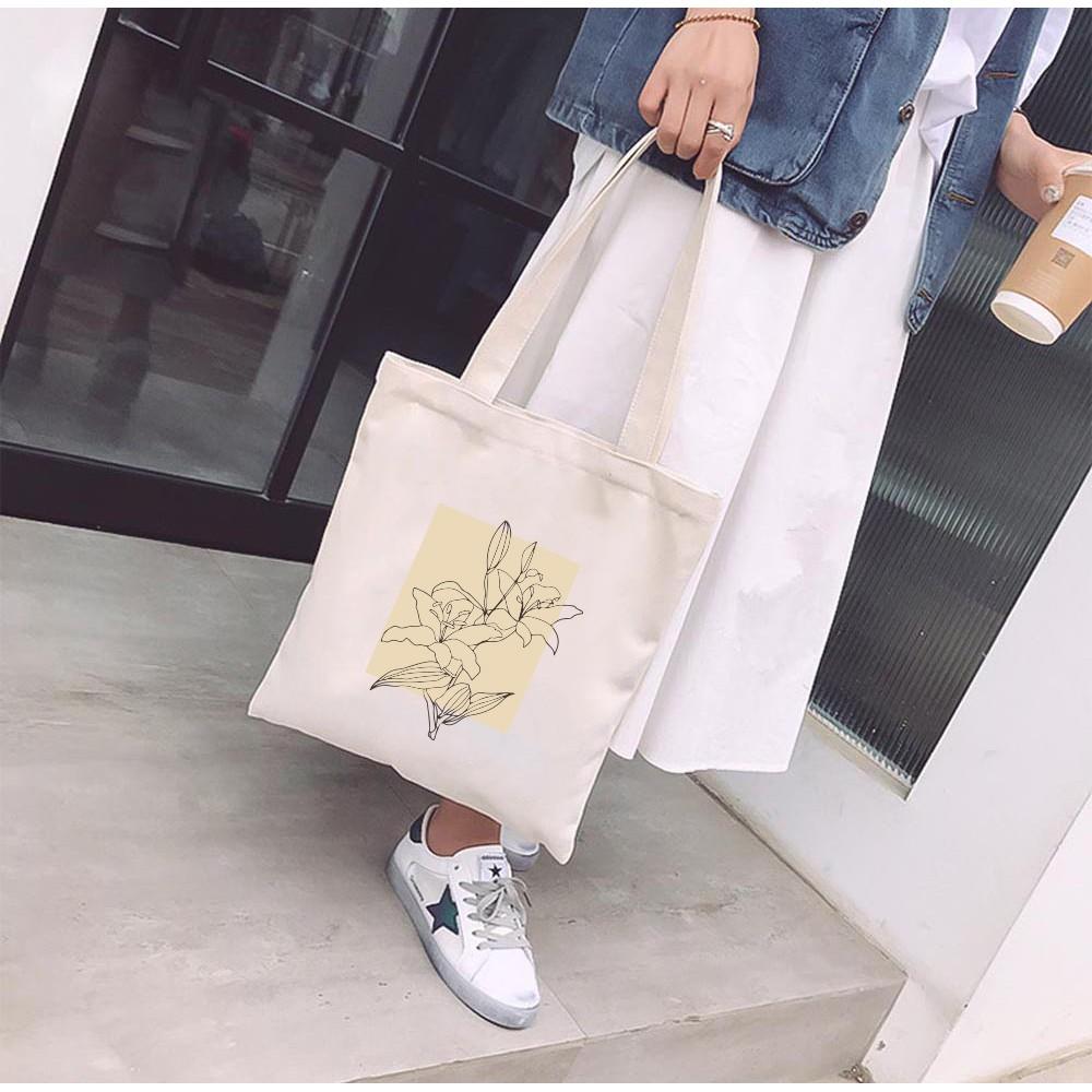 Túi Tote Vải Mộc Ginko kiểu basic có dây kéo khóa miệng túi đựng vừa laptop 14 inch và nhiều đồ dùng khác In Hình Minimalism Art M40