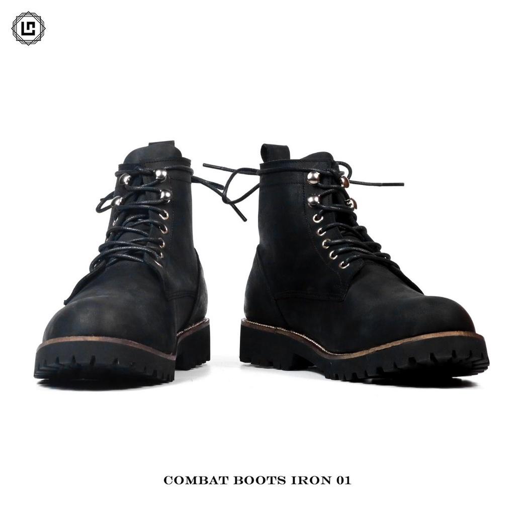 Giày da nam Combat Boots Iron 01 (Iron01), da bò sáp đen, đế cao su đúc CNM, Lucas Shoes bảo hành 1 năm