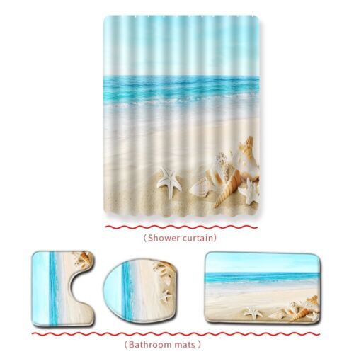 Bộ rèm thảm nhà tắm họa tiết bãi biển 4in1 (Rèm, thảm chân, bệ đỡ chân, nắp bồn cầu