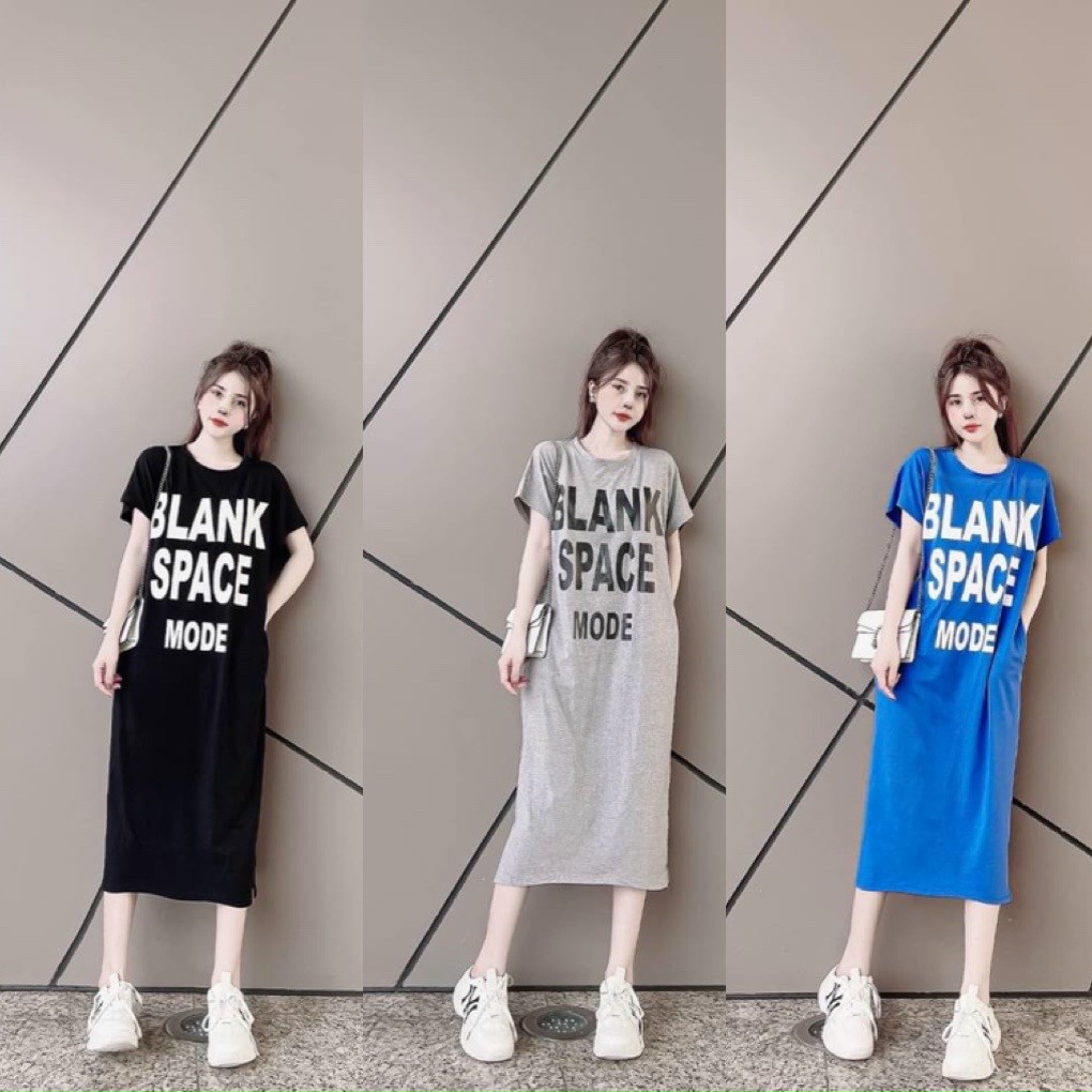 Váy suông - đầm suông nữ cộc tay in chữ blank phom rộng dáng dài