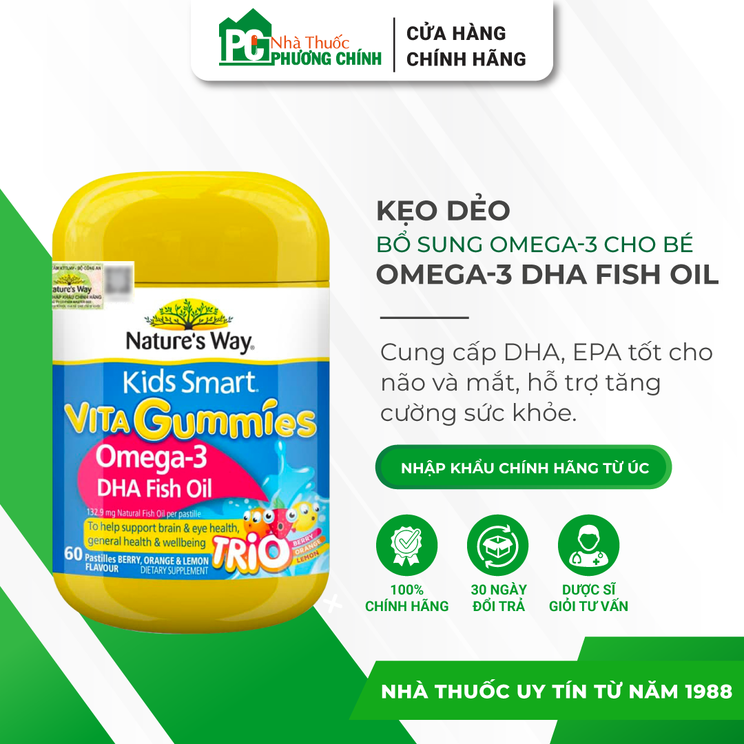 Kẹo Dẻo Omega 3 Nature's Way Kids Smart Vita Gummies Omega-3 DHA Fish Oil (Chai 60 Viên)