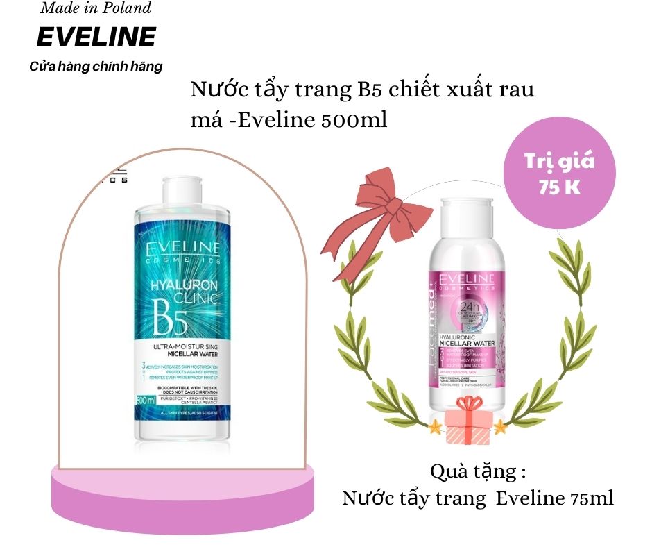 Nước tẩy trang Eveline Hyaluronic Clinic B5 ngăn ngừa mụn lão hóa và dưỡng ẩm da 500ml