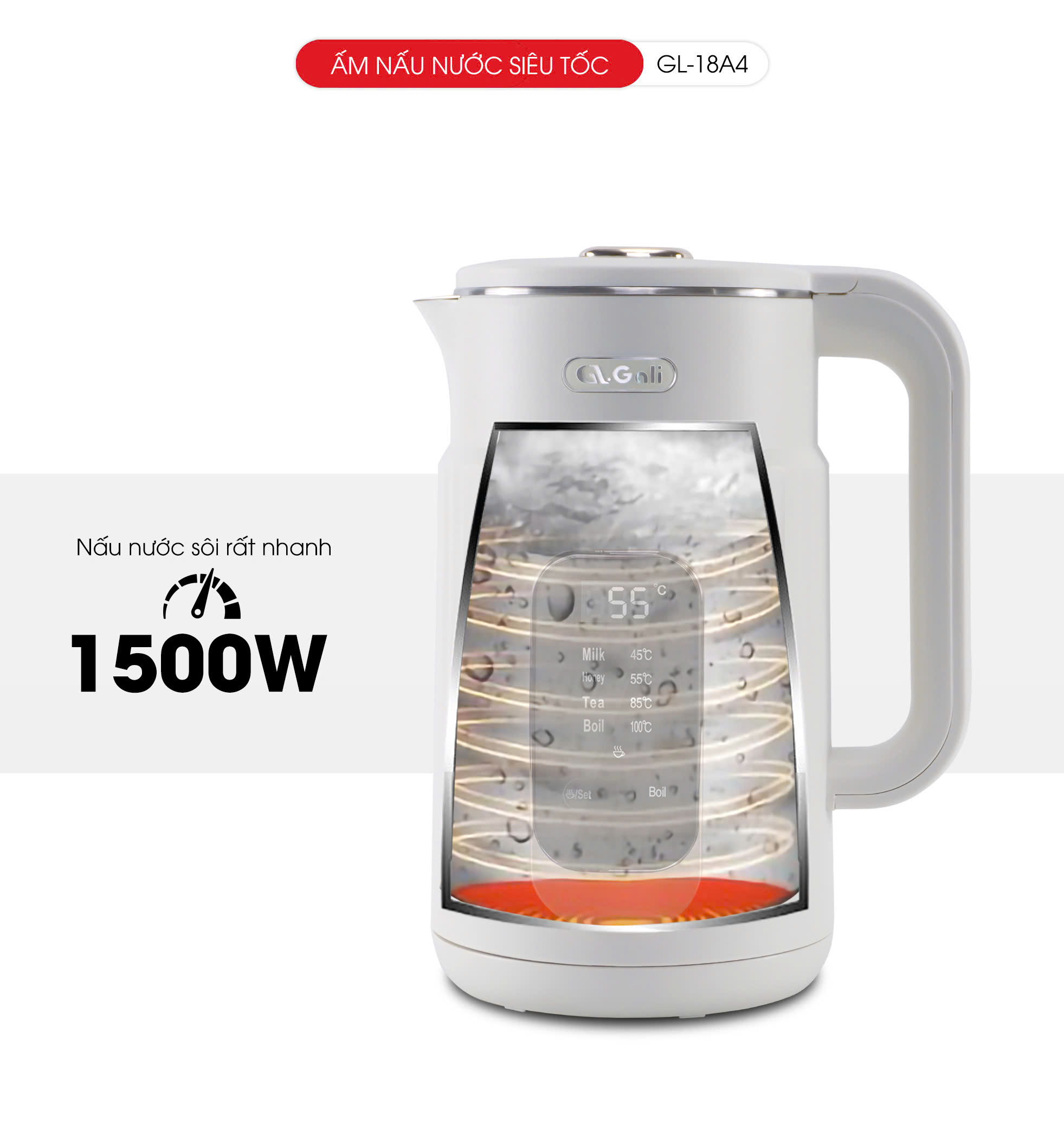 Ấm siêu tốc Gali GL-18A4 2 lớp INOX 304 nguyên khối màn hình hiển thị độ giữ ấm. Hàng chính hãng, bảo hành 24 tháng