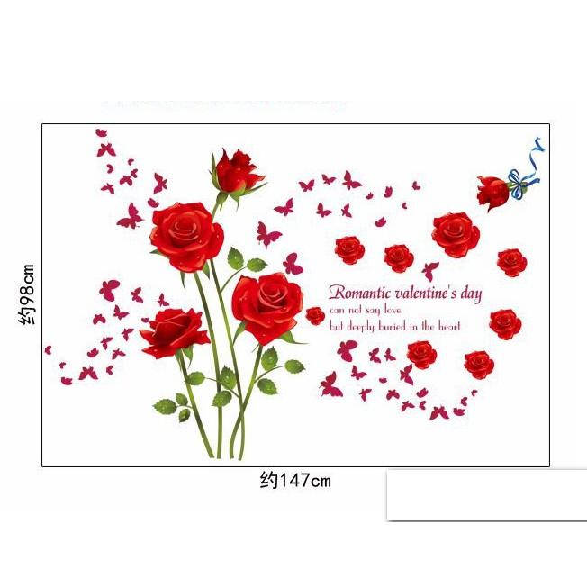Decal trang trí tường 4 nhành Hoa Hồng Đỏ và Bướm Đỏ