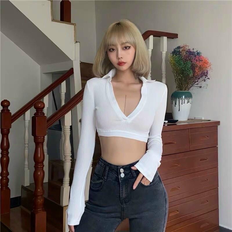 Áo croptop tay dài polo hở lưng siêu sẽy-B5N