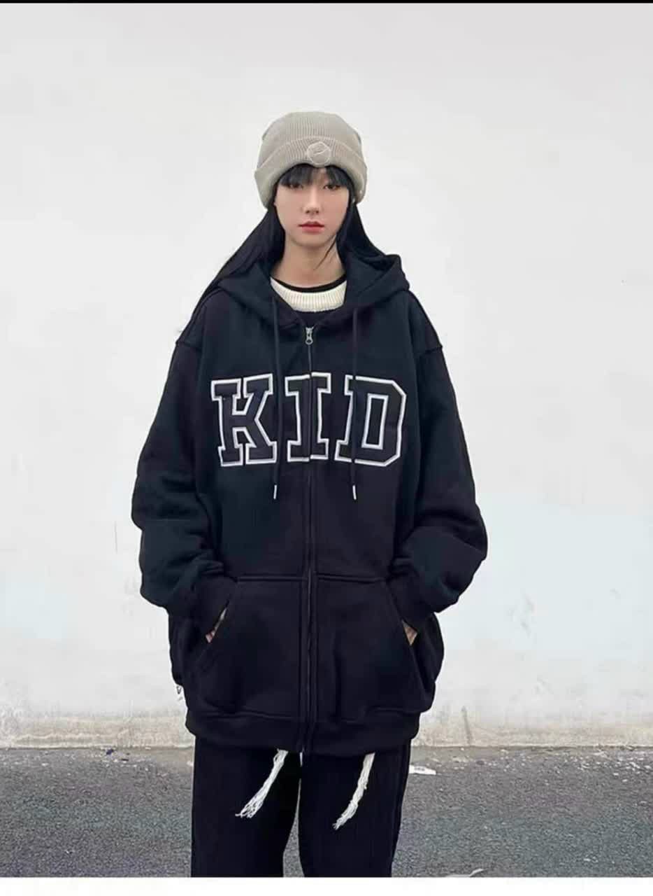 áo khoác nỉ hot , mặc cho mùa hè, Áo Hoodie Zip Kéo Khoá Chữ KID Cao Cấp Chất Nỉ Ngoại Dày Dặn Form Rộng Tay Phồng-Unisex Nam Nữ( Hàng Sẵn)