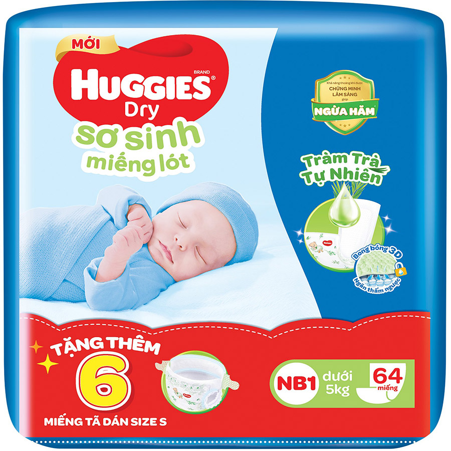 Combo 8 gói Miếng lót sơ sinh NB1 HUGGIES DRY 64 miếng + 6 miếng