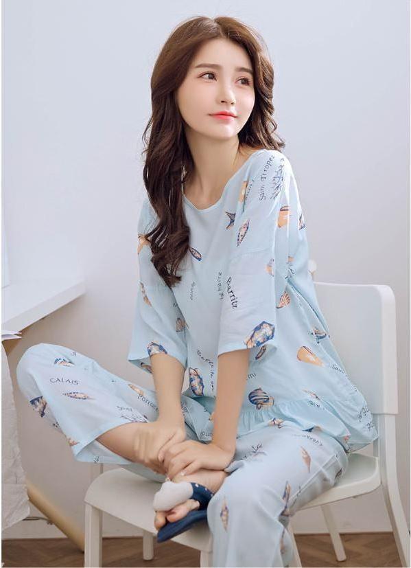 VAPERLA Bộ cotton mặc nhà ocean tay lỡ quần dài