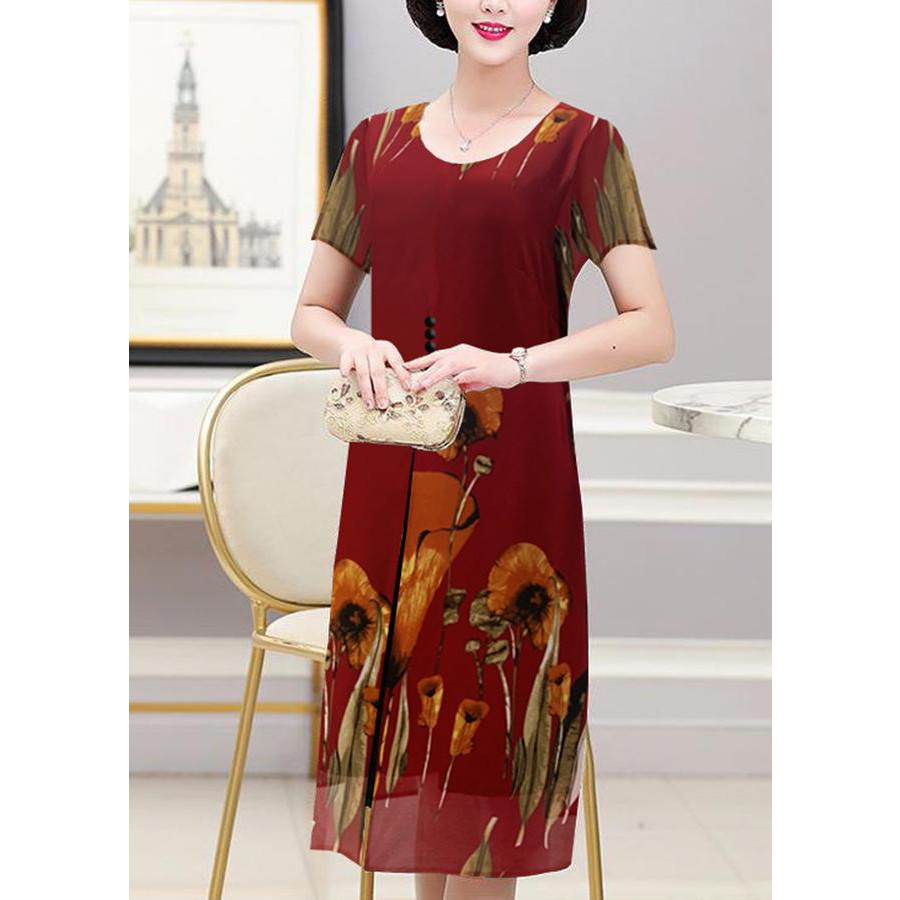 Đầm Váy Trung Niên Dáng Dài Dạng Đầm Suông Phối 3 Nút In Hoa - Thời Trang Trung Niên Nữ GOTI 3288D