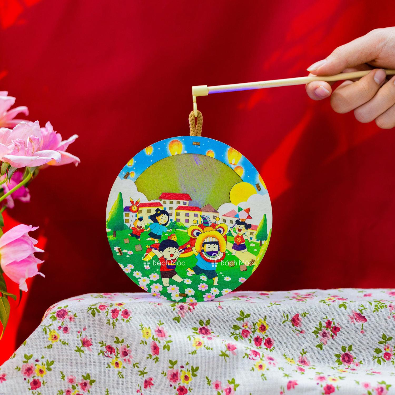 Lồng Đèn Trung Thu Gỗ 2 Mặt Màu - Bách Mộc - Múa Lân