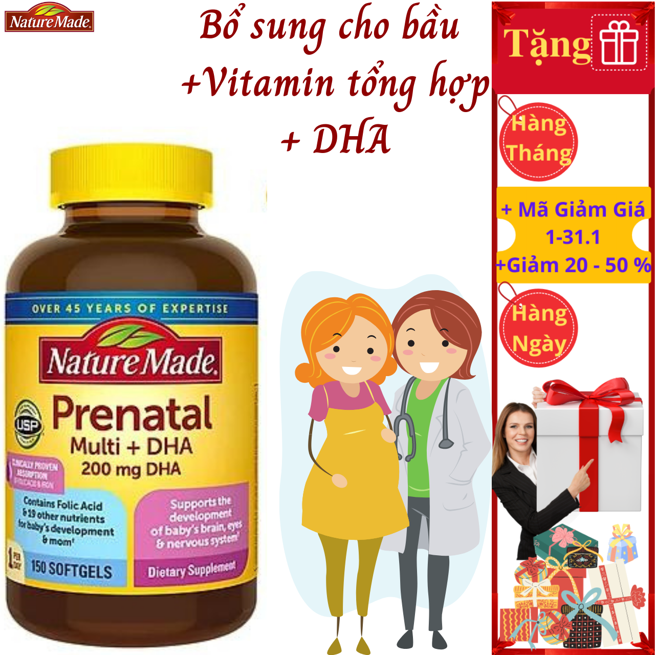 Vitamin tổng hợp Nature Made Prenatal Folic + DHA cho bà bầu hộp 150 viên Massel Official