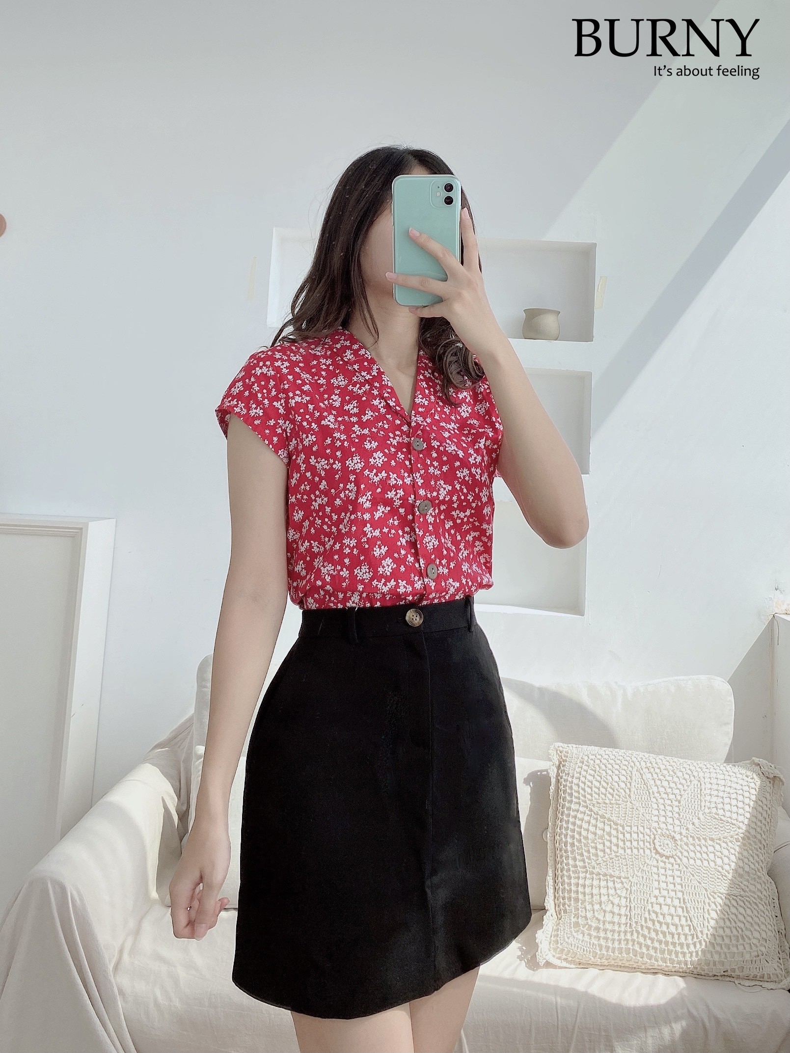 Áo sơ mi nữ ngắn tay cổ sam đủ các họa tiết đẹp Michaelmas Daisy Blouse  Burny A3001265