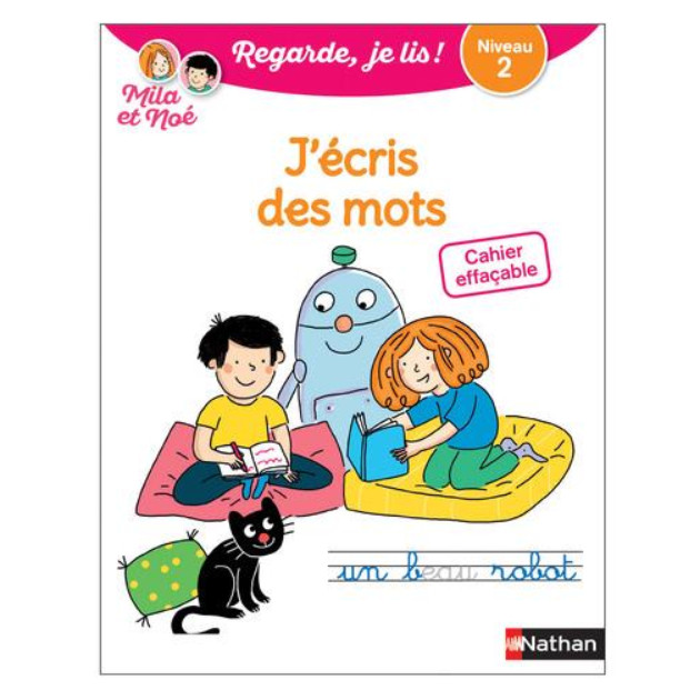 Sách viết xoá tiếng Pháp: Cahier Effacable J'Ecris Des Mots - Niveau 2 Avec Mila Et Noe Từ 6 tuổi