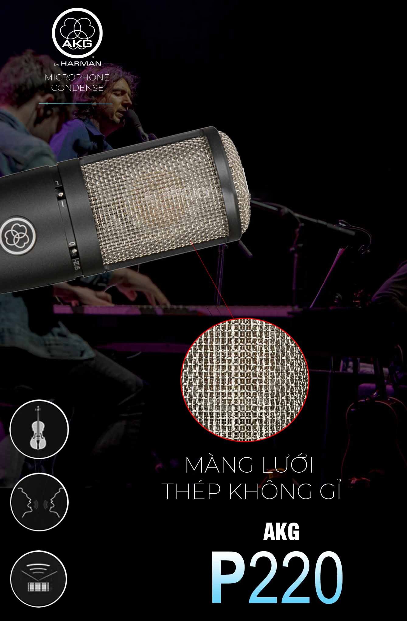 Micro thu âm AKG P220 - Mic thu âm cao cấp dành cho phòng thu, nhạc cụ, livestream chuyên nghiệp - Chính xác tuyệt đối, cắt tần tốt, lọc tạp âm tối ưu - Thiết kế sang trọng, chắc chắn - Kết nối với sound card, mixer, PC dễ dàng - Hàng chính hãng