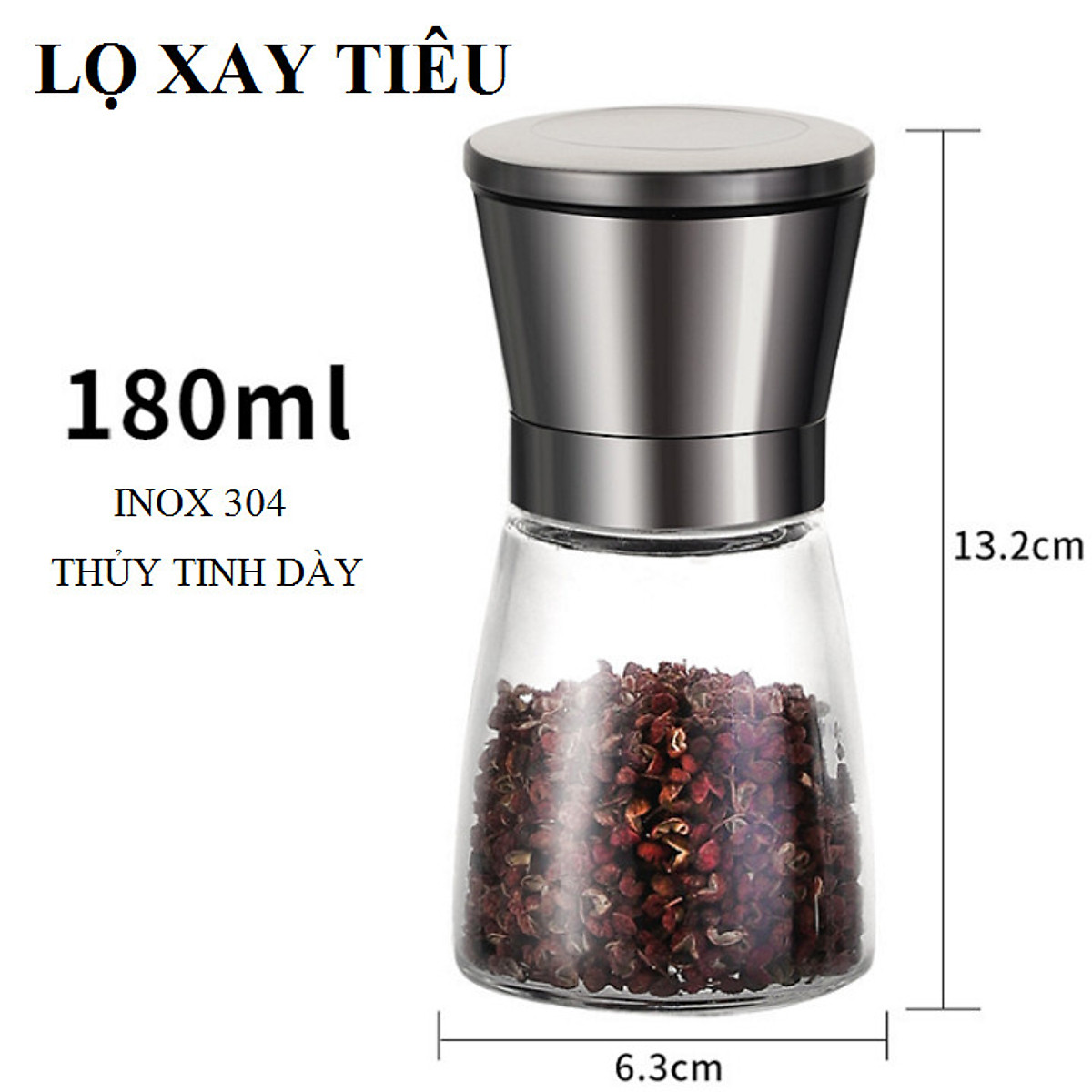 Máy Xay Tiêu Cầm Tay Thủy Tinh - Dụng Cụ Cối Xay Tiêu Nắp Inox Vặn Tay Nhỏ Gọn Tiện Dụng - Hàng Loại 1 - Chính Hãng MINIIN