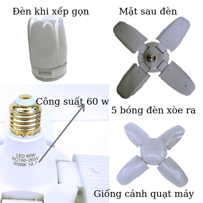 Bóng đèn 4 cánh hình quạt - Bóng đèn Led hình quạt ánh sáng trắng siêu sáng 60W - Hàng Chính Hãng