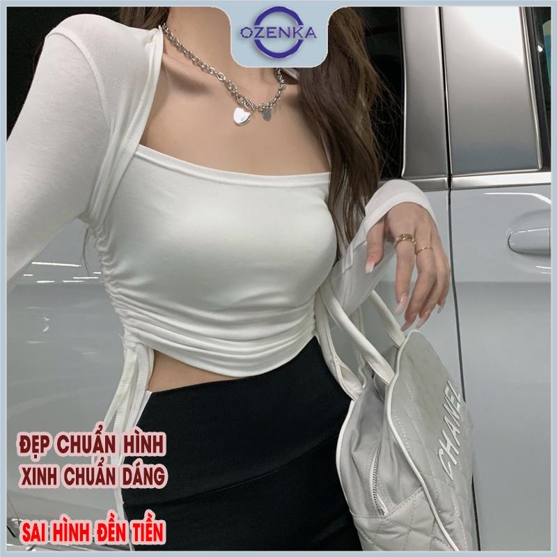 Áo croptop tay dài rút dây eo cổ thuyền nữ Ozenka , áo crt ôm body kiểu thun gân cotton màu đen trắng mặc đi chơi đi học