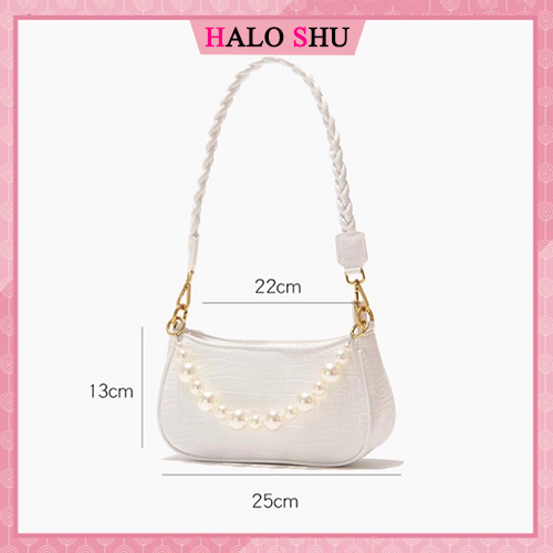 Túi xách nữ, túi cắp nách dây bện kết hợp quai ngọc giả sang trọng HALO SHU size 23 mã TX009 đen trắng