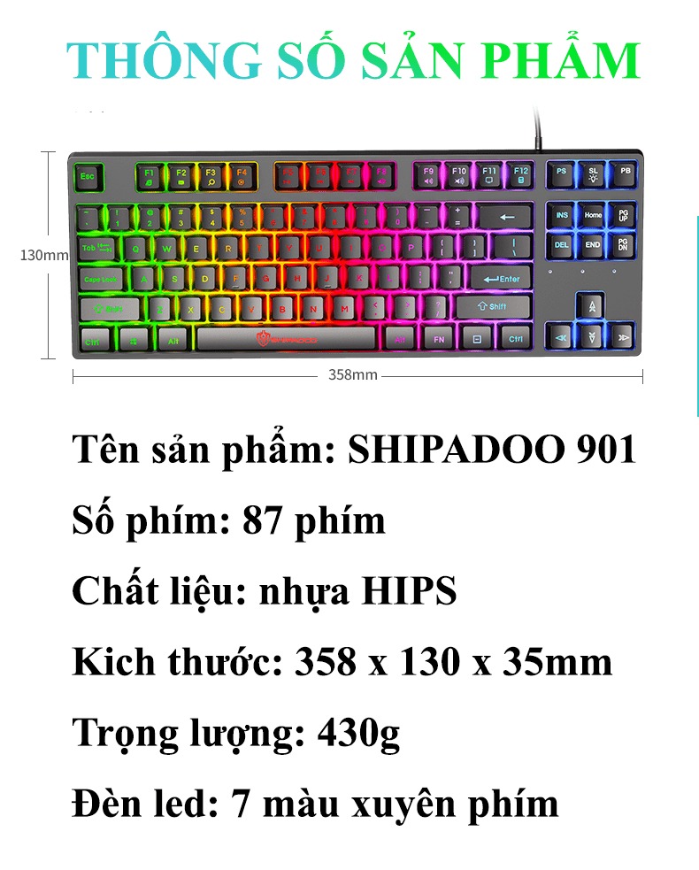 Bàn phím giả cơ SHIPADOO K87 NÚT VUÔNG / TRÒN đèn led 7 màu thiết kế kiểu dáng phím mini size vô cùng nhỏ gọn - HÀNG CHÍNH HÃNG