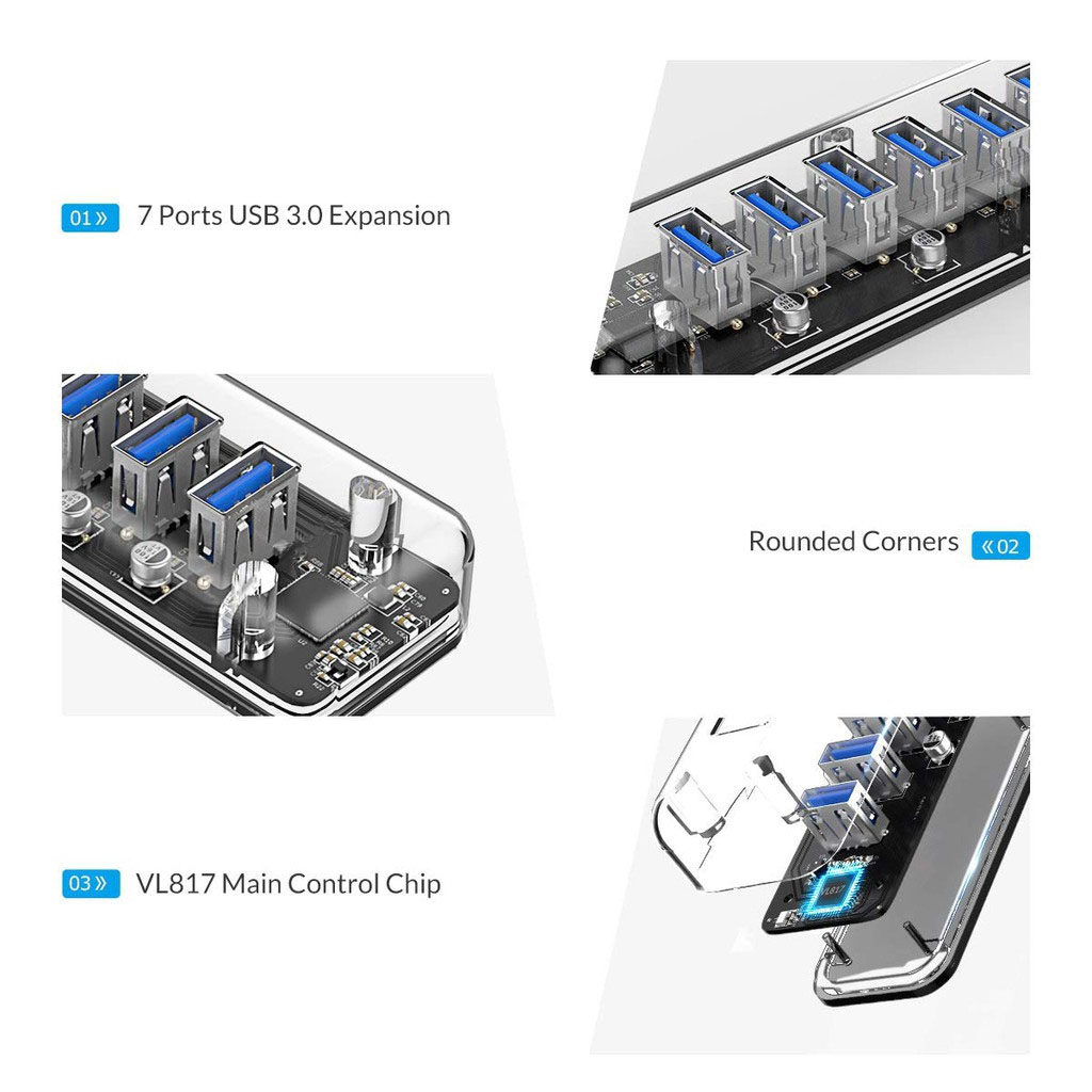 Hub USB F7U-U3 7 Cổng Trong Suốt Tốc Độ Cao 5Gbps Bộ Chia USB3.0 Dành Cho Macbook Air Laptop Máy Tính Bảng