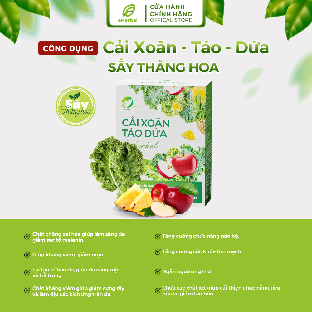 Bột Cải Xoăn - Táo - Dứa Eherbal chính hãng hộp 15 gói x 4g làm đẹp da, tăng cường sức khỏe