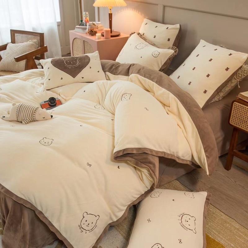 Bộ Chăn Ga Gối Nỉ Nhung Mịn Hàng Nhập Khẩu Cao Cấp 4 Món Gấu Teddy