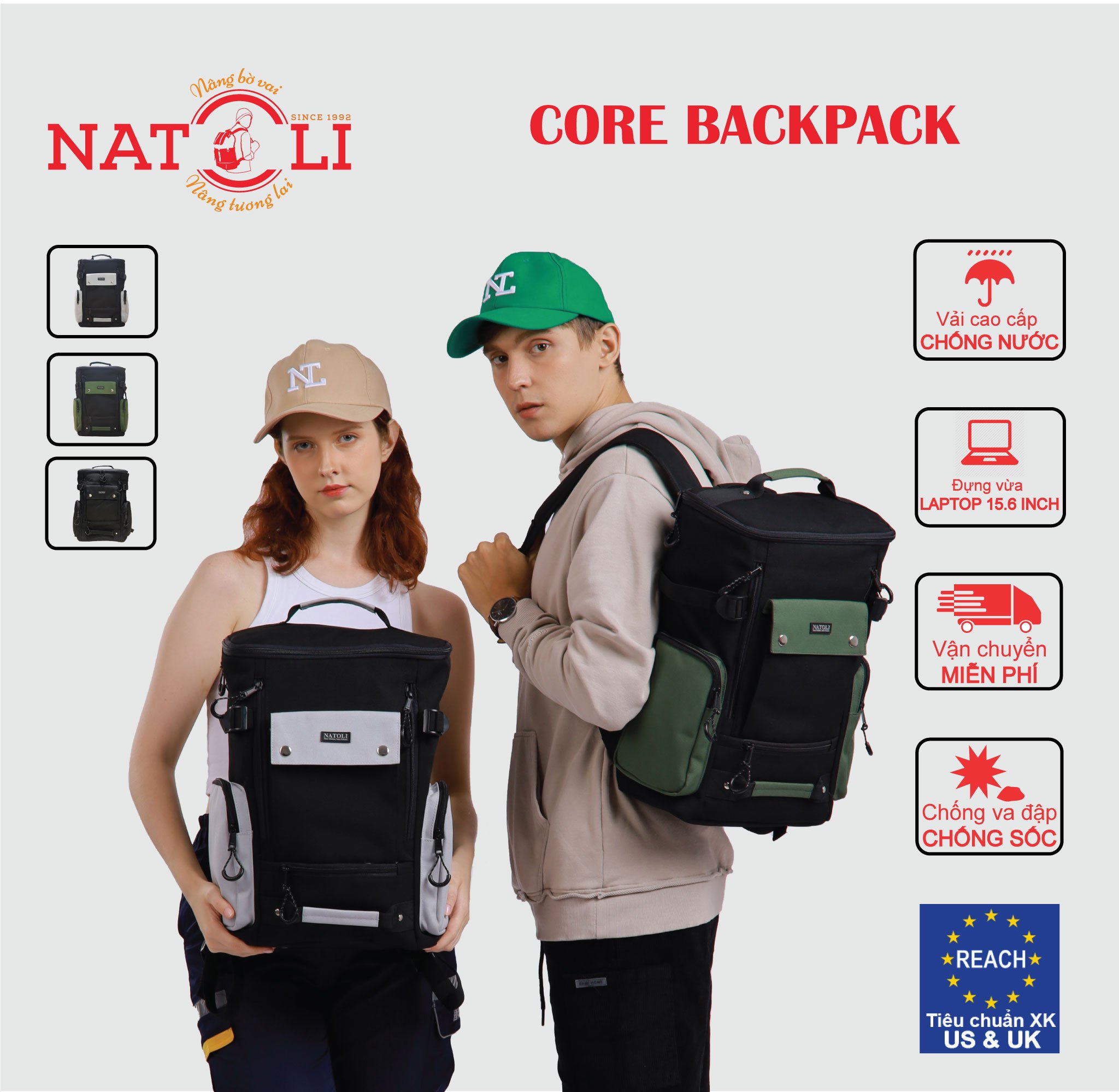 Balo sinh viên unisex CORE BACKPACK chính hãng NATOLI chất vải canvas kháng nước chống sốc nhiều ngăn thời trang cao cấp