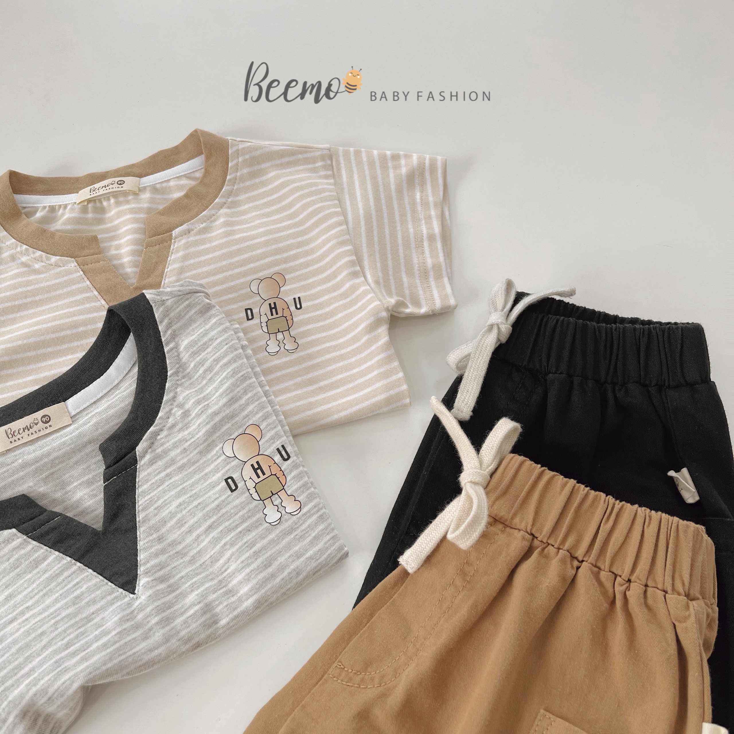Bộ cộc tay bé trai 1-7 tuổi cổ chữ V phối kẻ ngang, Đồ bộ hè cho bé hàng thiết kế cao cấp kiêu dáng thời trang