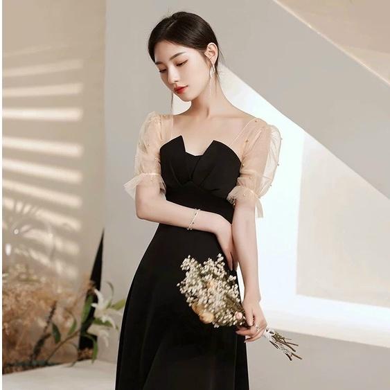 Đầm nữ dự tiệc cổ vuông tay ngắn phối ren màu đỏ đen dịp lễ tết nhẹ nhàng