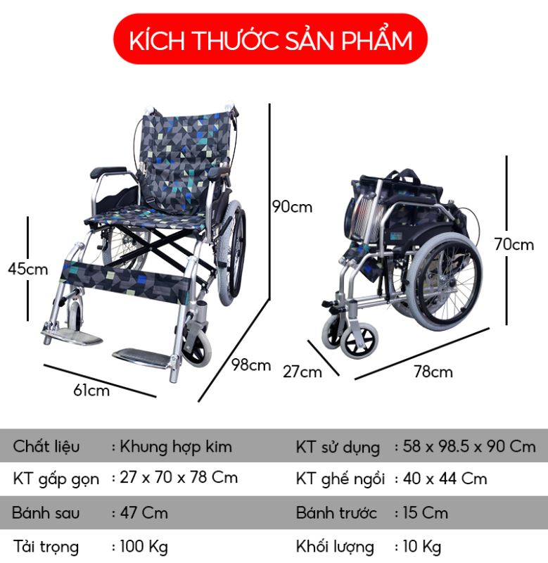 Xe lăn khung nhôm NIKITA, Trọng lượng nhẹ, kích thước xếp gọn siêu nhỏ, có quai xách để xách tay - Mẫu mới 2024