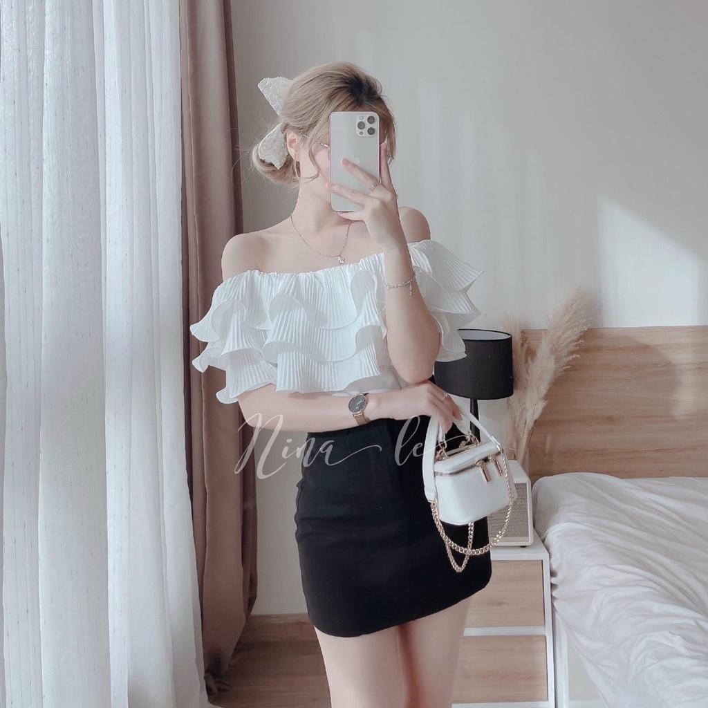 Sét bộ thời trang nữ trễ vai bèo lai croptop phối chân váy tuyết mưa sang chảnh quý phái