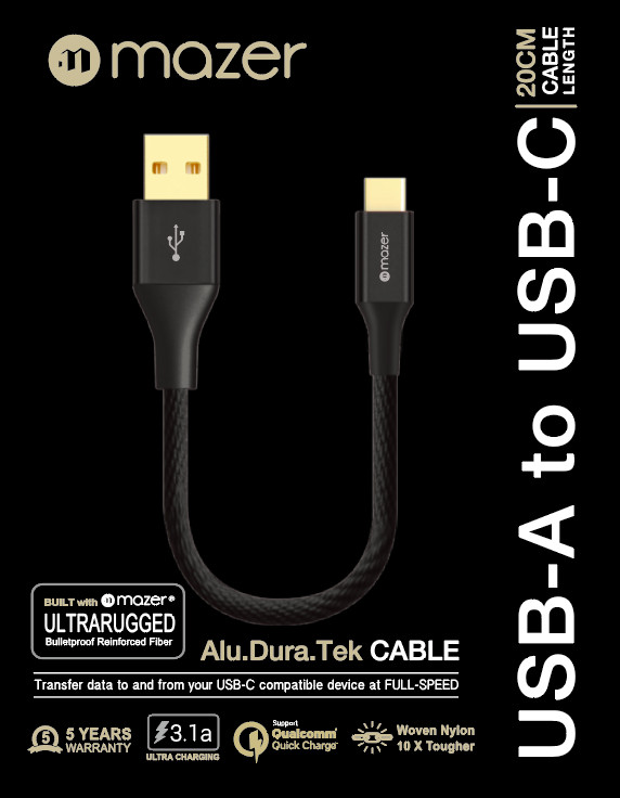 Dây Cáp Mazer ALU.DURA.TEK USB-A to USB-C Cable 3.1A (20cm)  - Hàng Chính hãng