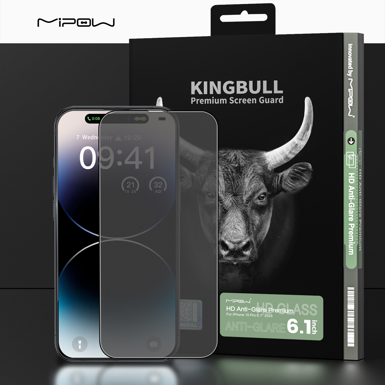 Miếng Dán Cường Lực Chống Vân Tay Dành Cho iPhone 15 / iPhone 15 Plus/ iPhone 15 Pro/ iPhone 15 ProMax Mipow Kingbull HD ANTI GLARE PROTECTOR _ Hàng Chính Hãng