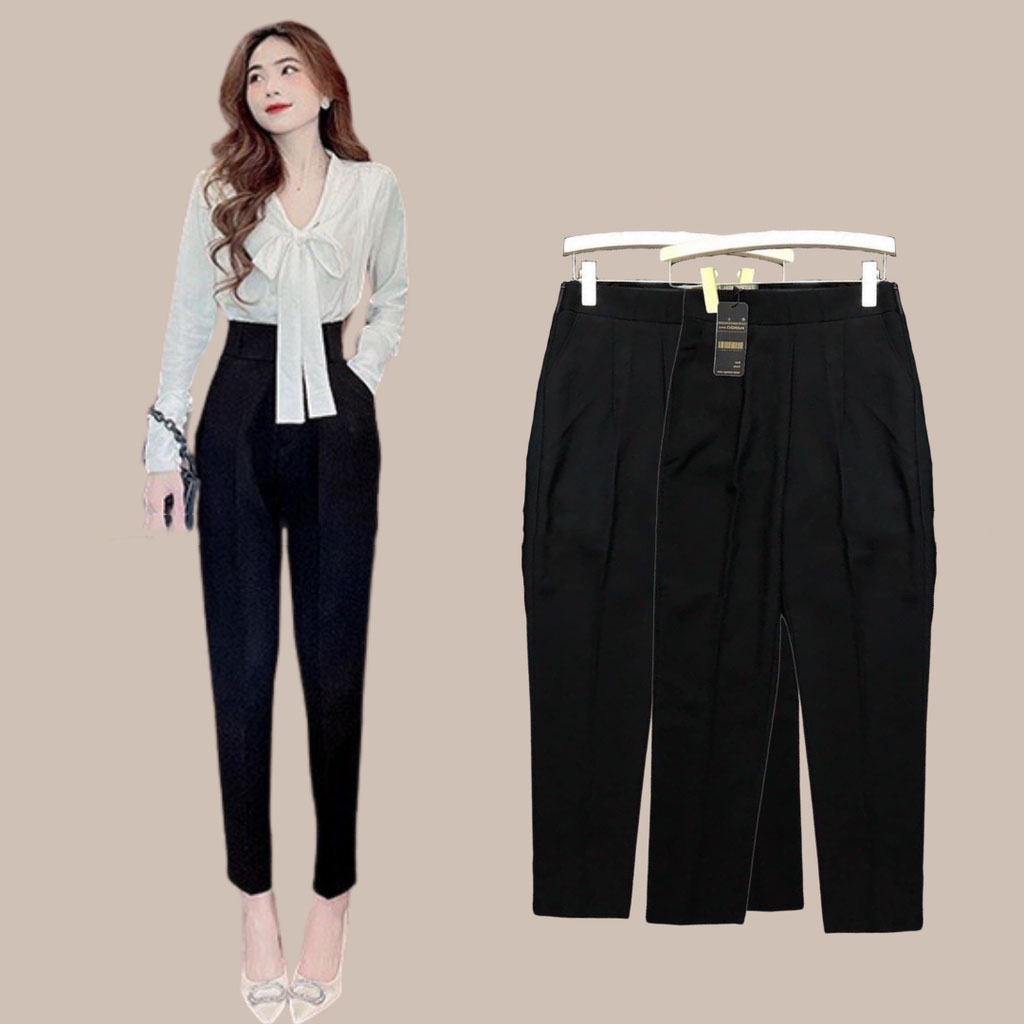 Quần tây nữ chất vải tuyết mưa baggy cạp chun co dán mầu đen