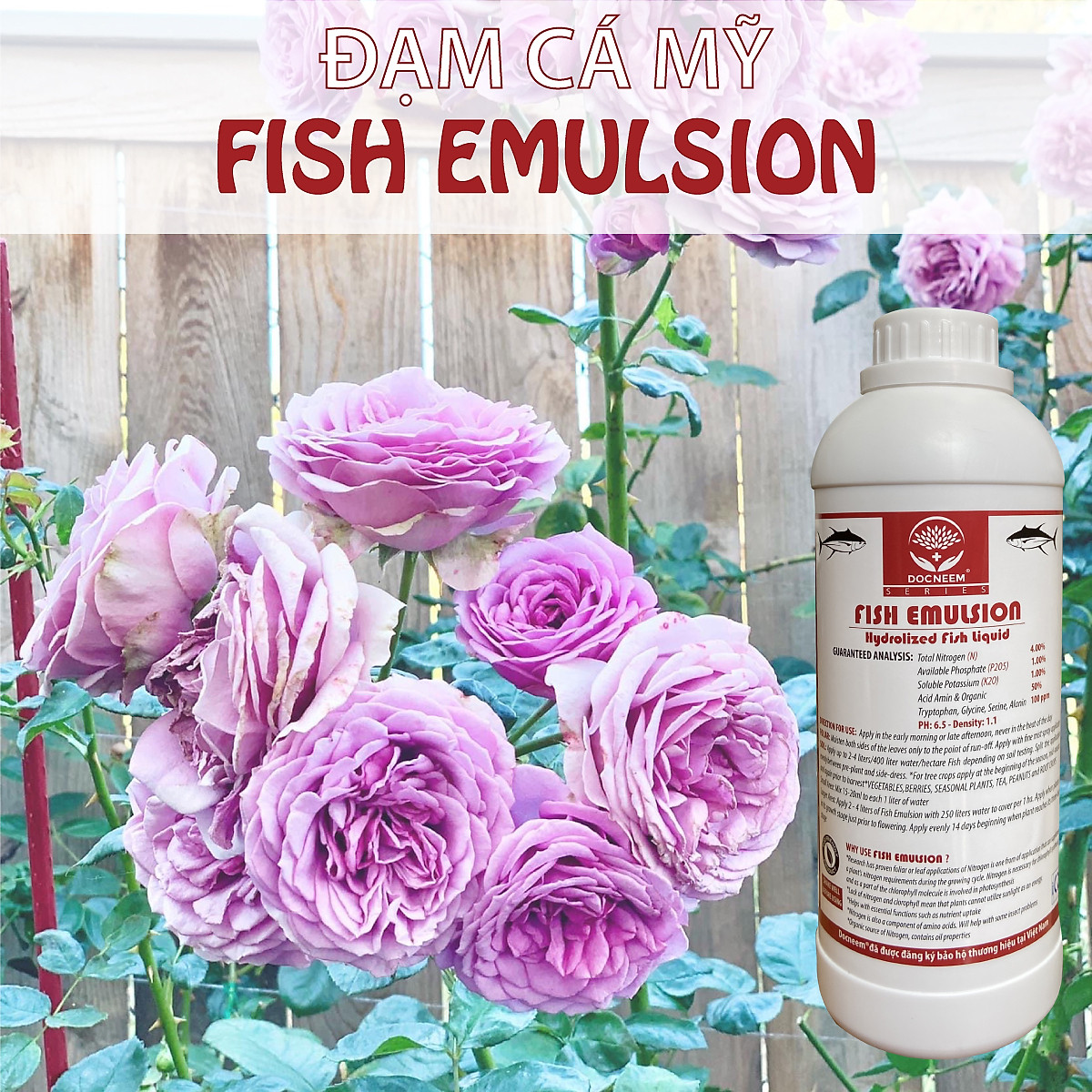 Phân đạm cá Docneem, phân cá Fish Emulsion (1 lít) hữu cơ cho hoa hồng, rau sạch, hoa, cây kiểng trong nhà ngoài trời