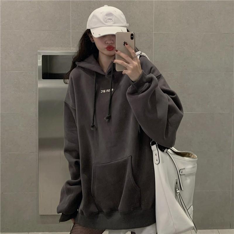 Áo hoodie nữ form rộng, Áo hoodie nữ form rộng nỉ dày có mũ unisex màu xám mặc nhà đi chơi đi học ulzzang hàn quốc