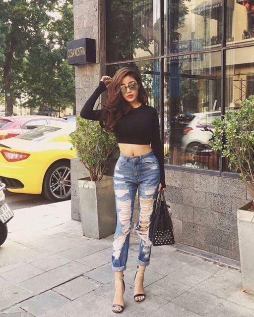 Áo croptop cổ tròn tay dài xỏ ngón ôm body