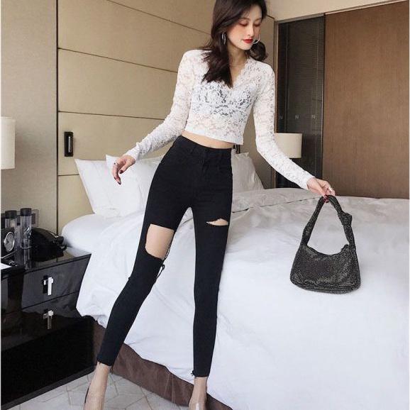 Quần jean nữ lưng cao rách gối co giãn CHERRY, quần bò nữ cạp cao rách gối dáng ôm chất jeans đẹp cao cấp T020