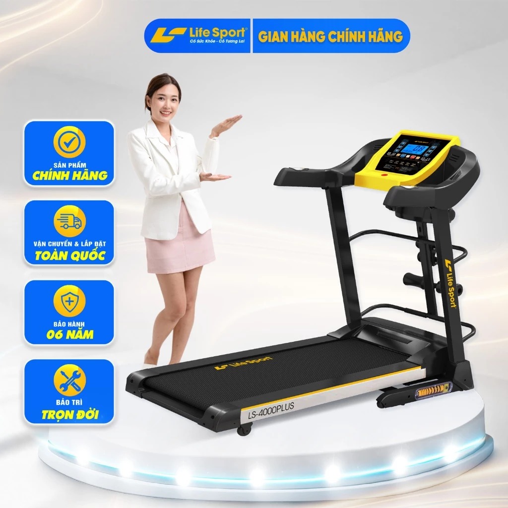 Máy Chạy Bộ Lifesport LS-4000 Plus, Máy Chạy Bộ Có Thảm Chạy Rộng Khả Năng Giảm Sóc Tuyệt Vời, Có Thế Tự Nâng Dốc