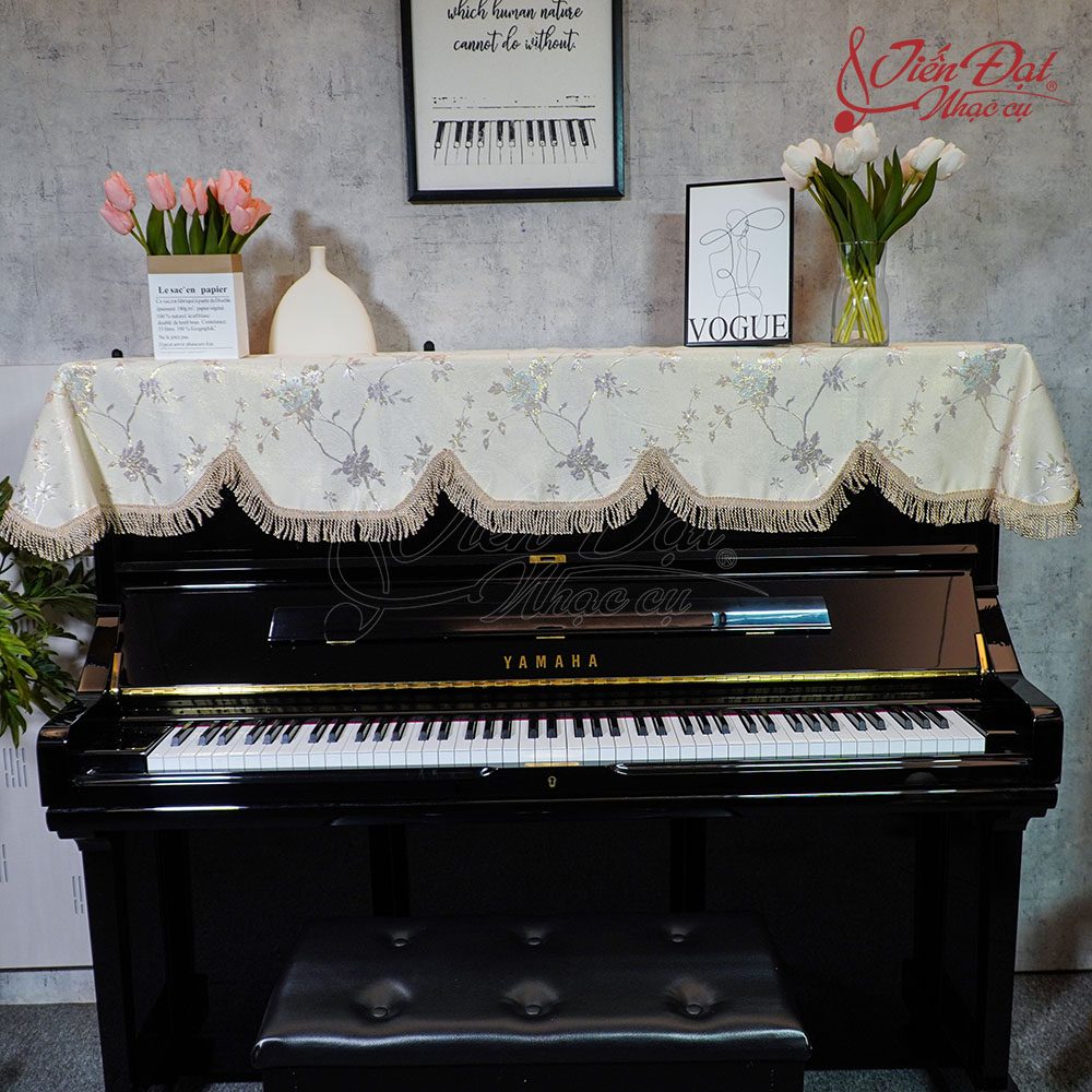 Khăn Phủ Đàn Piano Họa Tiết Hoa Phủ Kim Tuyến, Tua Rua Xoắn KU-022